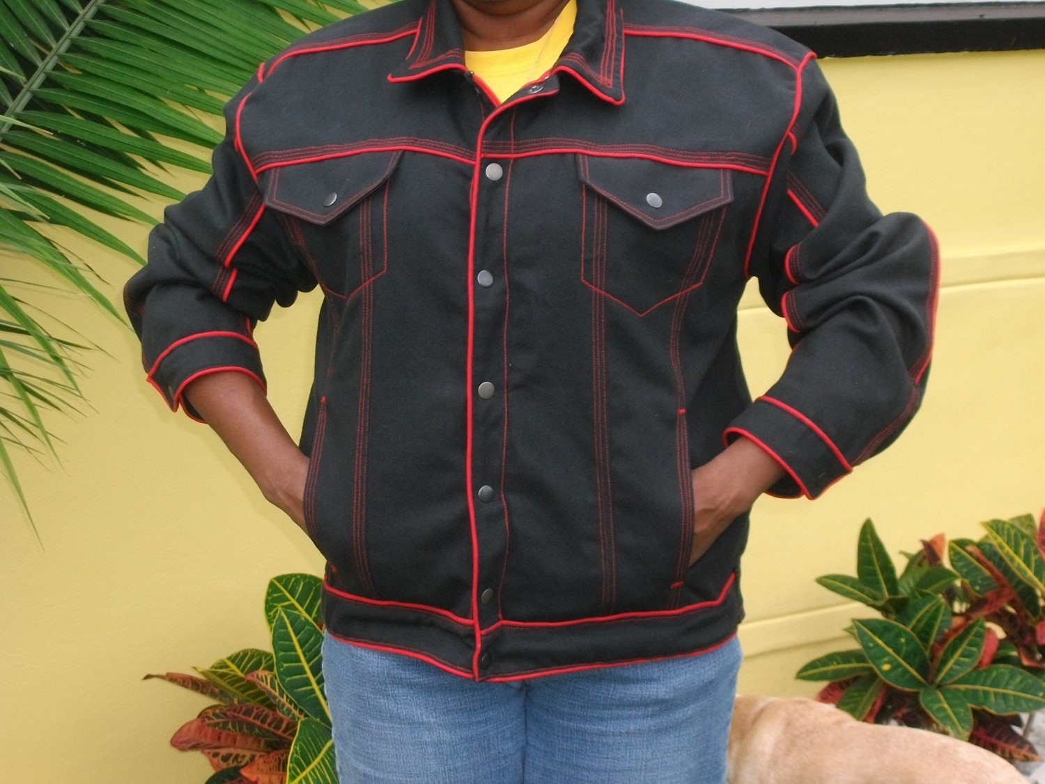 black red denim jacket