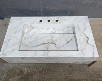 Lavabo de pared de porcelana Calacatta Gold Look, lavabo flotante de lujo hecho a mano AC26020