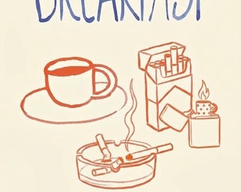 Breakfast Club Art Print, Coffee and Cigarettes Poster, Retro Kitchen Wall Art, Linocut Aesthetic Print, Edgy Home Decor, Cigarette Lighter