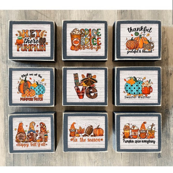 Fall decor, Thanksgiving decor, fall  signs, Tiered tray decor, mini block signs, pumpkin spice, hey there pumpkin, happy fall y’all, gnomes