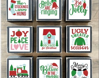 Christmas decor, Christmas tiered tray decor, mini Christmas sign, Christmas decoration, block signs, merry and bright, train, be jolly