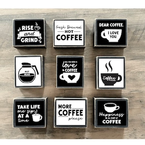 Coffee Decor, Coffee Tiered tray decor, mini coffee signs, Wood Blocks, Bar bar signs, kitchen decor, pot head, rise and grind, coffee cup