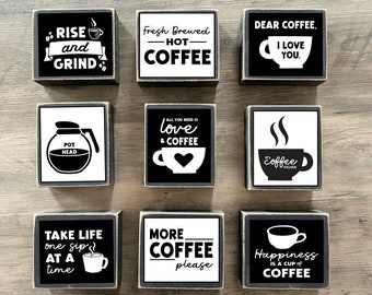 Coffee Decor, Coffee Tiered tray decor, mini coffee signs, Wood Blocks, Bar bar signs, kitchen decor, pot head, rise and grind, coffee cup