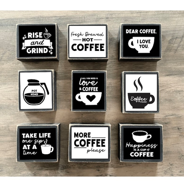 Coffee Decor, Coffee Tiered tray decor, mini coffee signs, Wood Blocks, Bar bar signs, kitchen decor, pot head, rise and grind, coffee cup