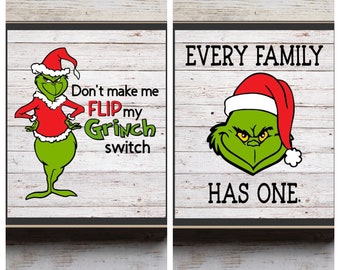 Grinch Decor, The grinch, mini grinch blocks, mini grinch signs, grinch Tiered tray decor, every family has one, flip my grinch switch