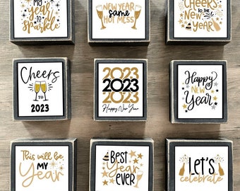 New Years decor, happy New Year’s Day, New Year tiered tray decor, mini new year signs, New Year’s Eve decor, mini block sign, 2023