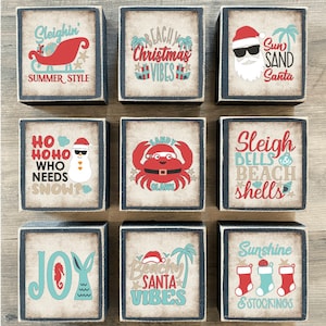 Christmas in July decor, Christmas tiered tray decor, mini Christmas signs, Christmas beach decor, beach Santa, flamingo, palm tree, summer