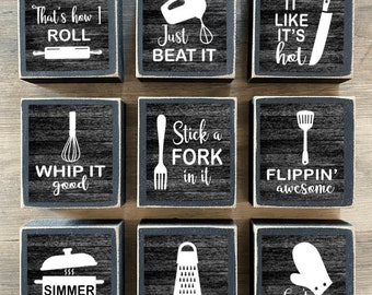 Kitchen Decor, Kitchen Tiered tray decor, mini Kitchen signs, Wood Blocks, chop it, whip it, flippin awesome, just beat it, simmer down
