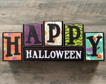 Halloween Decor, Halloween sign, Wood Halloween Blocks, Wood Halloween block sign, fall home decor, jack o lantern, Happy Halloween sign