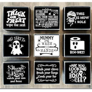 Halloween Bathroom Decor, Halloween sign, block sign, Halloween Tiered tray decor, boo sheet, trick or treat, mummy says, ghost,