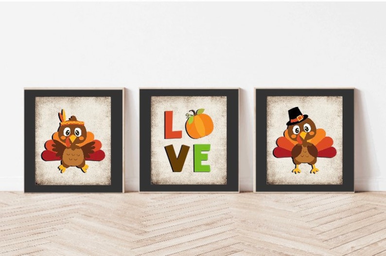 May include: Three framed prints with a Thanksgiving theme. The center print features the word "LOVE" with a pumpkin in the "O". The prints on either side feature cartoon turkeys with different hats and expressions.