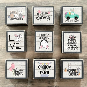 Easter Decor, Easter Tiered tray decor, mini Easter signs, Easter blocks, love, happy Easter, hoppy Easter, hippity hoppity, he is risen
