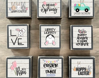 Easter Decor, Easter Tiered tray decor, mini Easter signs, Easter blocks, love, happy Easter, hoppy Easter, hippity hoppity, he is risen