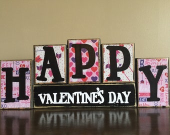 Valentine's Day Decor, Wood Happy Valentines Day sign, valentines day blocks Wood Valentines block sign, valentines mantel decor, decoration