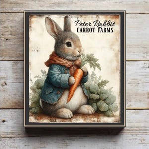 May include: A vintage-style illustration of a rabbit wearing a blue jacket and holding a carrot. The text "Peter Rabbit Carrot Farms" is above the rabbit.