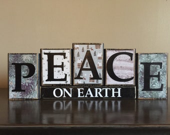 Wood PEACE ON EARTH block set - Wood Christmas Sign, Peace Sign, christmas blocks, christmas decor, mantel decor, decoration. wood sign