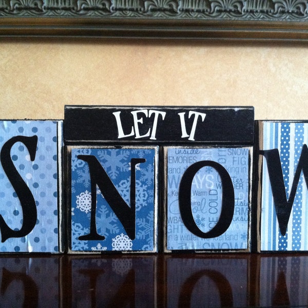 Wood LET IT SNOW block set - Wood Sign - Seasonal Winter Home Decor