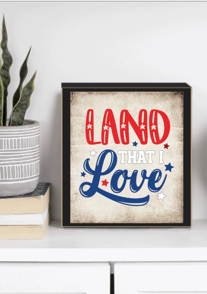 以下が含まれることがあります： 「LAND THAT I Love」の文字が赤と青で書かれ、星のアクセントが付いた額入りのプリント。プリントはヴィンテージ風で、くすんだ外観で、ニュートラルな背景に配置されています。フレームは黒です。