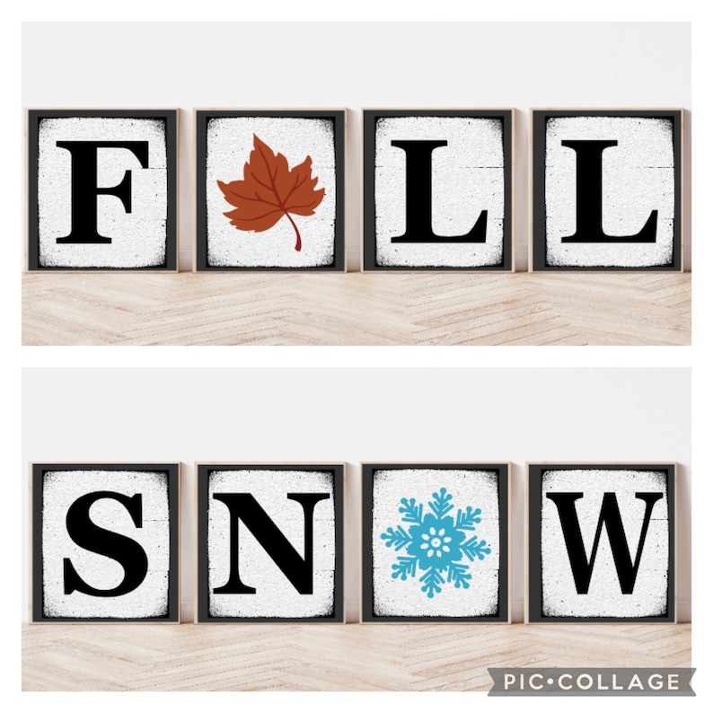 Op de afbeelding: Houten borden met de tekst "FALL" en "SNOW" met een rode bladeren en een blauwe sneeuwvlok afbeelding.