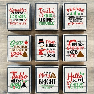 Funny Christmas bathroom decor, Christmas tiered tray decor, mini Christmas signs, funny Bathroom signs, santa bathroom,