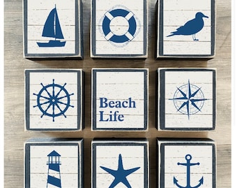 Beach Decor, Tiered tray decor, mini Summer signs, Beach house decorations, beach signs, compass, seagull, starfish, lighthouse, anchor