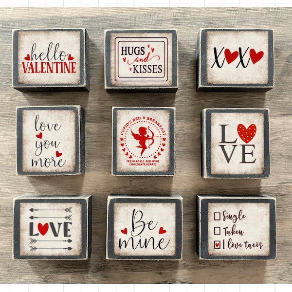 Valentines Day Decor, Valentine Tiered tray decor, mini Valentine signs, Valentines Day blocks, love, be mine, xoxo, hello Valentine, kisses
