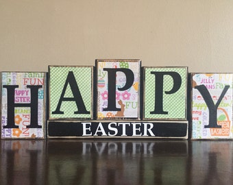 Easter Decor, Wood Happy Easter Block Sign, Hoppy Easter Sign, Easter Blocks, Spring Blocks, Spring Decor, Easter Mantel decoration