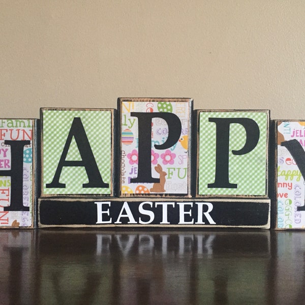 Easter Decor, Wood Happy Easter Block Sign, Hoppy Easter Sign, Easter Blocks, Spring Blocks, Spring Decor, Easter Mantel decoration