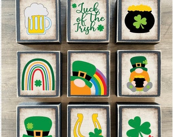 St. Patricks Day Decor, St. Patrick’s day Tiered tray decor, mini St. Patricks day signs, St. Patricks Blocks, gnome, luck f the Irish, gold