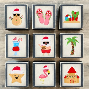Christmas in July decor, Christmas tiered tray decor, mini Christmas signs, Christmas beach decor, beach Santa, flamingo, palm tree, summer
