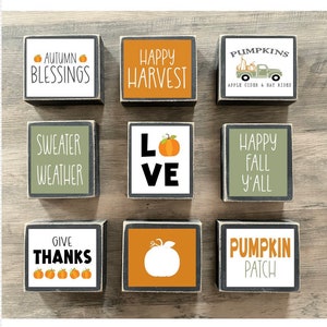 Może przedstawiać: Dziewięć drewnianych klock&oacute;w z jesiennymi wzorami i napisami. Klocki zawierają frazy takie jak "Autumn Blessings", "Happy Harvest", "Sweater Weather", "Love", "Happy Fall Y'all", "Give Thanks", "Pumpkins Apple Cider & Hay Rides", "Pumpkin Patch".