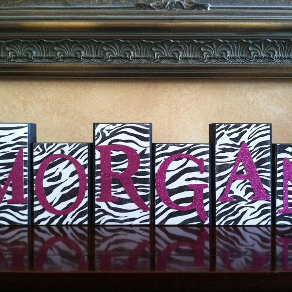 Personalized Wood Name Blocks - Glitter Zebra and Pink decor for a Special Princess, Teenager, or Diva