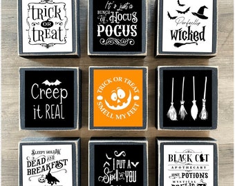 Halloween Decor, Halloween sign, Hocus Pocus, Creepy Halloween, Tiered tray decor, mini signs, trick or treat, wicked, witch broomsticks