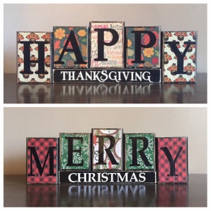 REVERSIBLE Wood Happy Thanksgiving sign, Wood Merry Christmas sign, christmas decor, Thanksgiving decor, mantel decoration, wood block