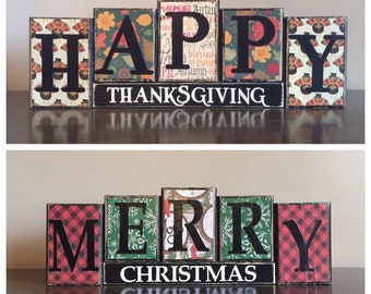 REVERSIBLE Wood Happy Thanksgiving sign, Wood Merry Christmas sign, christmas decor, Thanksgiving decor, mantel decoration, wood block