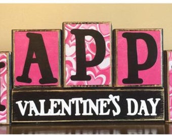 Valentine's Day Decor, Wood Happy Valentines Day sign, valentines day blocks Wood Valentine's block sign -valentines day mantel decor