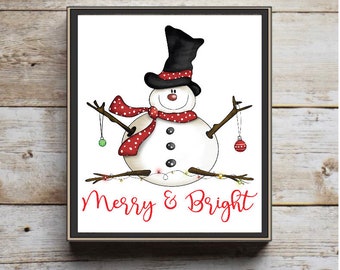 Wood Snowman block, Merry and bright sign, winter decor, Christmas decor, tiered tray decor, snowman sign, Christmas gift