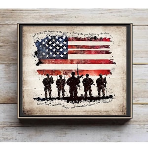 May include: A vintage-style American flag with a watercolor effect, featuring a silhouette of soldiers standing in front of it. The text "Land of the free because of the brave" is written above the flag, and the text "honor and remember" is repeated three times below the soldiers.