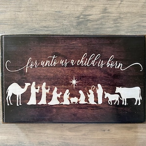 RELIGIOUS sign, nativity scene, Christmas decor, Home decor, wood blocks, Jesus Christ, religious gift, for onto us a child is born,