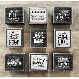 Bathroom Decor, Bathroom Tiered tray decor, mini Bathroom signs, Wood Blocks, Hello sweet cheeks, nice butt, poop signs, nice butt, wash