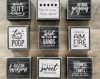 Bathroom Decor, Bathroom Tiered tray decor, mini Bathroom signs, Wood Blocks, Hello sweet cheeks, nice butt, poop signs, nice butt, wash