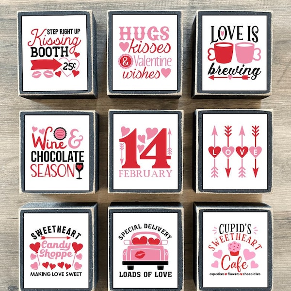 Valentines Day Decor, Valentine Tiered tray decor, mini Valentine signs, Valentines Day blocks, love, February 14, sweetheart cafe, kisses