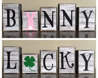 Easter decor, Farmhouse decor, St Patricks Day Decor, Easter decoration, Wood Bunny Blocks, wood lucky blocks, wood St. Paricks decor