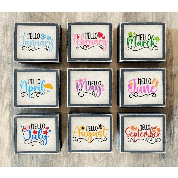 Complete set, Calendar, Months Decor, tiered tray decor, mini block signs, hello January, February, March, April, May, June, July, august