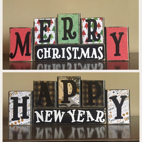 REVERSIBLE Wood Happy New Year sign, Wood Merry Christmas sign, christmas blocks, Happy New Year Sign, mantel decor, New Year's Eve decor