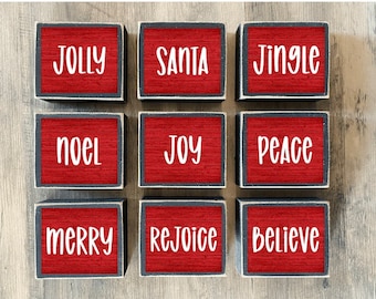 Christmas decor, Christmas words, Christmas tiered tray decor, mini Christmas signs, believe, peace, jingle, jolly, joy, peace, rejoice