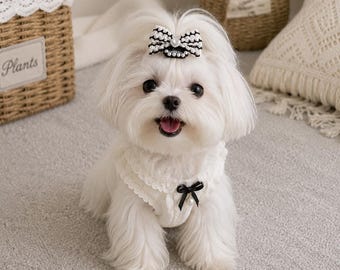 Handmade Black White Dog Hair Bow Clip, Pearl Heart Grooming Accessory