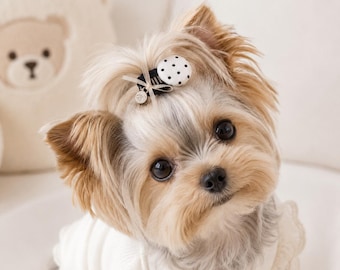Black Polka Dot Hair Clip | Handmade Small Accessory | Maltese Yorkie Shih Tzu Top Knot
