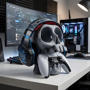 Skull Headphone Stand and Controller Holder, 3D Printed Gaming Desk Organiser, Gamer Setup Accessory, Gothic Style