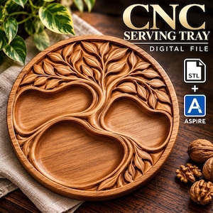 May include: A round wooden serving tray featuring a carved tree design with three distinct recessed compartments. The text CNC SERVING TRAY DIGITAL FILE is visible, along with icons for STL and ASPIRE file formats, indicating a digital product.